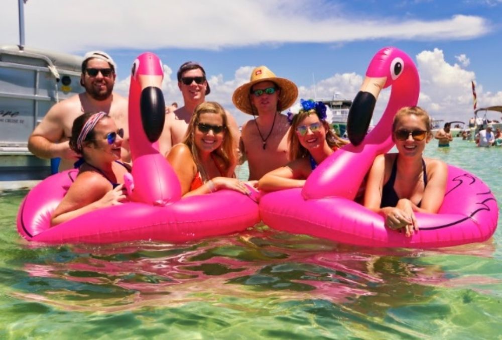 group of friends at Crab Island in Destin